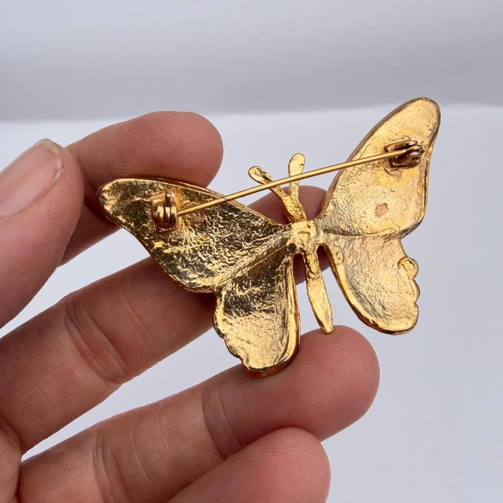 VTG Butterfly Brooch Lapel Pin Multicolor Enamel Gold Tone Costume Jewelry